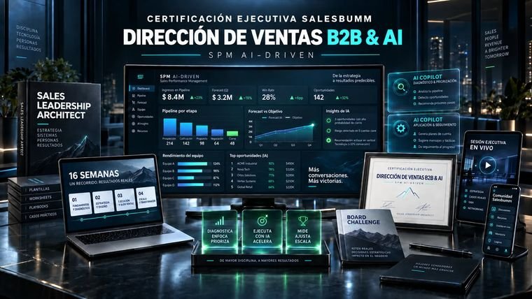 Vista general de la Certificación Ejecutiva Salesbumm: dashboard de Sales Performance Management AI-Driven, agentes de IA, roadmap de 16 semanas y certificado del programa.